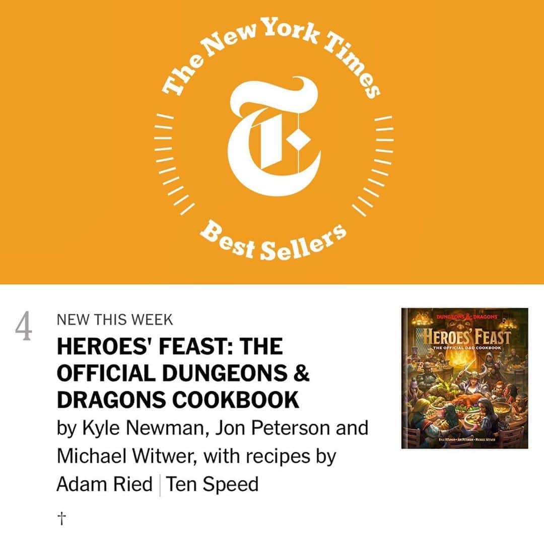 カイル・ニューマンさんのインスタグラム写真 - (カイル・ニューマンInstagram)「Life goal: Achieved! I am now a NEW YORK TIMES BESTSELLING AUTHOR! 📚🏆 ‘Heroes’ Feast: The Official Dungeons & Dragons Cookbook’ opened at #4!! Can’t thank you all enough for the kindness and support. #dnd #cooking #cookbooks #dungeonsanddragons #heroesfeast」11月5日 13時39分 - kyle_newman