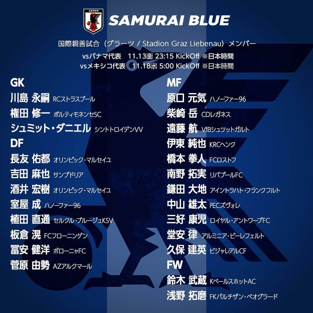 日本サッカー協会さんのインスタグラム写真 - (日本サッカー協会Instagram)「#SAMURAIBLUE（日本代表）メンバー 国際親善試合(オーストリア／Stadion Graz Liebenau）  📅11/13(金) 15:15 キックオフ（日本時間 23:15） vs パナマ代表🇵🇦  📅11/17(火) 21:00 キックオフ（日本時間 11/18(水) 5:00） vs メキシコ代表🇲🇽  #daihyo #jfa #新しい景色を2022」11月5日 14時09分 - japanfootballassociation