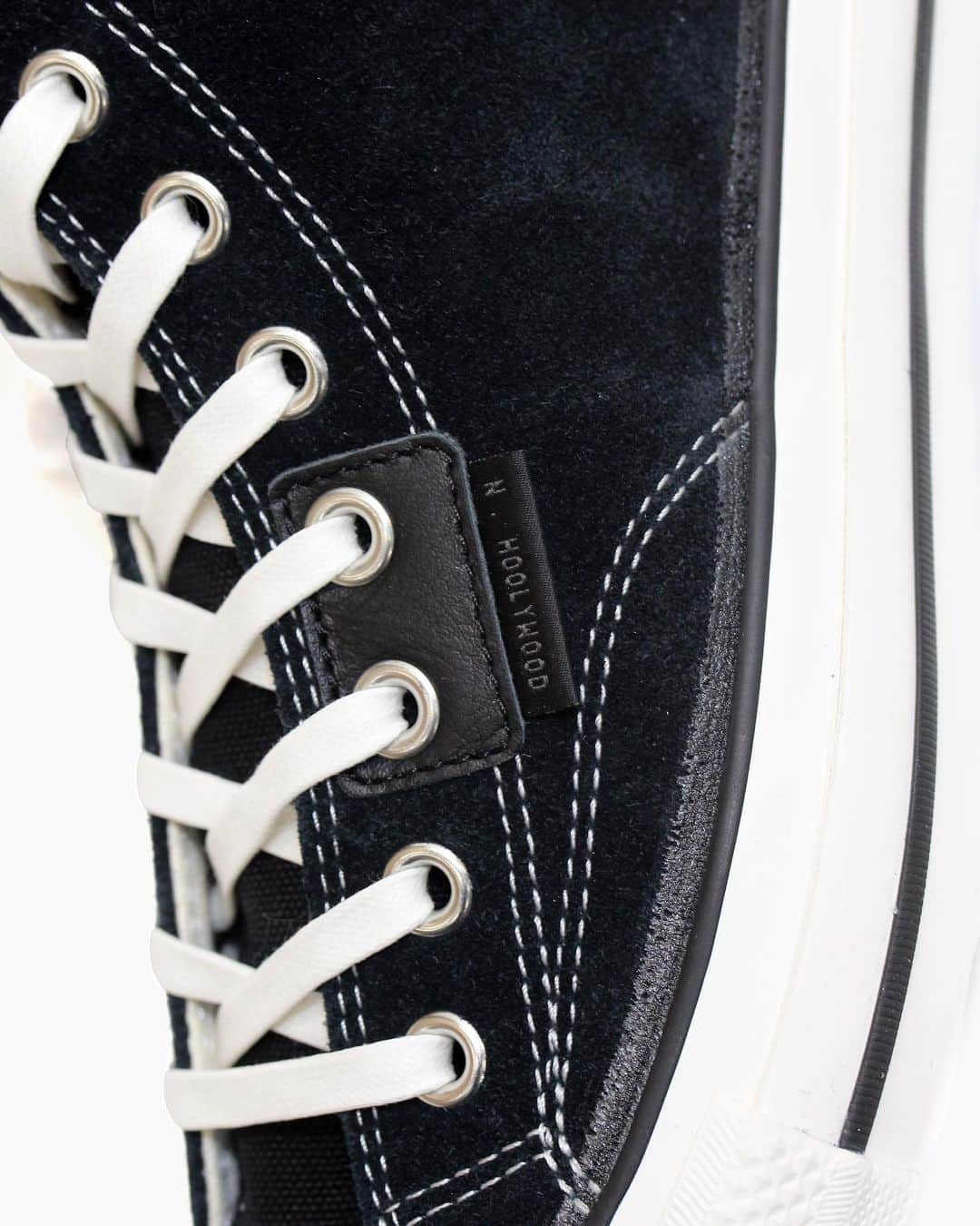 A+Sのインスタグラム：「2020 .11 .10 (tue) in store  ■N.HOOLYWOOD × CONVERSE ADDICT CHUCK TAYLOR NH HI COLOR : BLACK SIZE : 23.0cm - 28.0cm ,29.0cm ,30.0cm PRICE : ¥25,000 (+TAX)  1960年代のシャープなシルエットが魅力の"CHUCK TAYLOR HI(チャックテイラー ハイ)"がベース。アッパーはブラックのスウェードを使い、モノトーンのカラーリングで構築。アイレットの一部には、レザーパッチとピスタグを配置。  Based on "CHUCK TAYLOR HI", which has a sharp silhouette from the 1960s. The upper is constructed with black suede and monotone coloring. A leather patch and a piss tag are placed on a part of the eyelet.  #a_and_s #misterhollywood #nhoolywood #converseaddict」