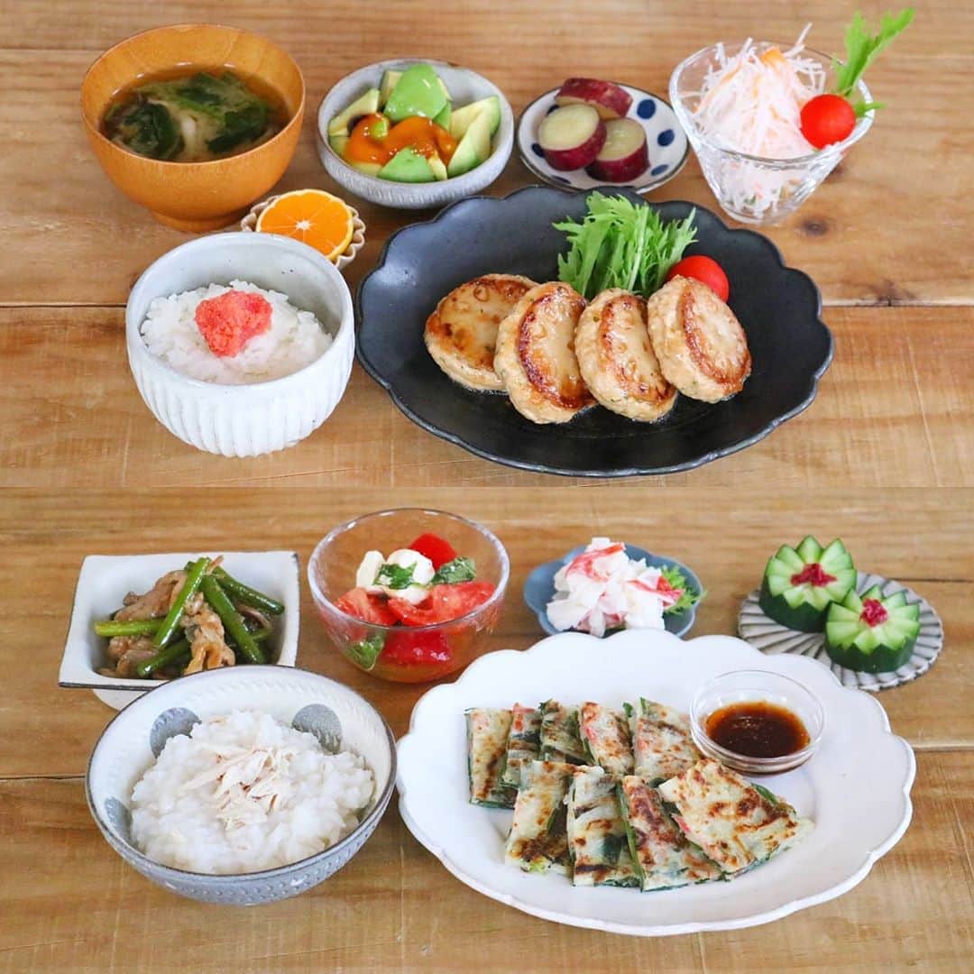yunaのインスタグラム：「♩ #レシピあり #まとめて投稿 #ひとりごはん . . 🍚れんこんバーグ アボカドサラダ さつまいもの甘煮 明太ごはん 大根サラダ ほうれん草のお味噌汁 . . 🍚ニラと桜えびのチヂミ 豚肉とニンニクの芽の炒め物(レシピ↓) トマトとチーズと大葉のごま和え 大根とカニかまのサラダ 梅きゅうり 中華粥 . . コタツ出しました⛄ あったか～い😍 . . 🍳【豚肉とニンニクの芽の炒め物】３~４人分 . .  🥕材料 豚肉の小間切れ　３００ｇ ニンニクの芽　１束 生姜のみじん切り　大さじ１ にんにくのみじん切り　大さじ１ ごま油　大さじ１ 〇醤油　小さじ１ 〇酒　小さじ１ 〇塩コショウ　少々 〇片栗粉　小さじ２ ★醤油　大さじ１ ★みりん　大さじ１ ★酒　大さじ１ ★オイスターソース　大さじ１ ★砂糖　大さじ1/2 . . 🥕つくりかた ①★は混ぜておく。ニンニクの芽は５㎝の長さに切り、サッと下茹でする。豚肉と〇をボウルに入れて混ぜておく。 ②フライパンにごま油と生姜のみじん切り、ニンニクのみじん切りを入れて火をつける。香りがしてきたら①の豚肉を入れて炒める。 ③肉の色が変わったらニンニクの芽を入れ、★をジャーっと入れて炒めたら出来上がりです♪ . . #yunaご飯#igersjq#今日のごはん#食卓#献立#yummy#ていねいな暮らし#お家ごはん#器#foodstagram#lin_stagrammer#delistagrammer#Japanesefood#デリスタグラマー#クッキングラム#クッキングラムアンバサダー#タベリー#フーディーテーブル#てづくりごはん365#おうちごはん#おうちごはんlover#Japan#マカロニメイト#夜ごはん#晩ごはん#小石原焼&レシピ」