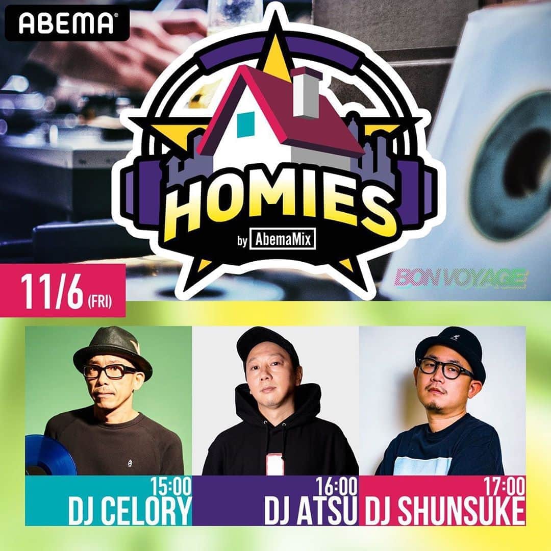 DJ ATSUのインスタグラム：「【Tomorrow】﻿ ﻿ Abemamix HOMIES #ボンボヤ﻿ 15:00-﻿ ﻿ w/ Mr. BEATS a.k.a. DJ CELORY & DJ SHUNSUKE﻿ ﻿ お時間ある方は是非ともご視聴ください☆﻿」
