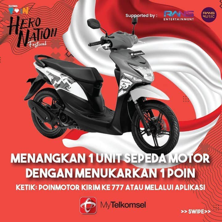 Raffi Ahmadさんのインスタグラム写真 - (Raffi AhmadInstagram)「WOW! Hadiah utama 1 Unit Sepeda Motor bisa kamu dapatkan di Telkomsel POIN Hero Nation Festival! Cara dapetinnya gampang banget! cukup ketik:  •POINMOTOR kirim Ke 777 •Dapetin Kode Unik nya •Tulis Kode unik di kolom komentar postingan ini beserta alasan kenapa kamu harus dapet sepeda motor! •Tag 3 teman kamu untuk ikutan  Jangan sampe gak nonton konser Hero Nation Festival hari Selasa 10 November 2020, mulai pukul 13.00 WIB livestream di RANS Entertainment YouTube Channel, MAXstream dan website: poin.pagelarans.id Pemenangnya bakal diumumin di acara konser Hero Nation Festival! Bakal seru dengan penampilan dari:  @ntrl.official  @vierratale___  @monitatahalea  @anneth.dlc   DON’T MISS IT!!」11月5日 21時29分 - raffinagita1717