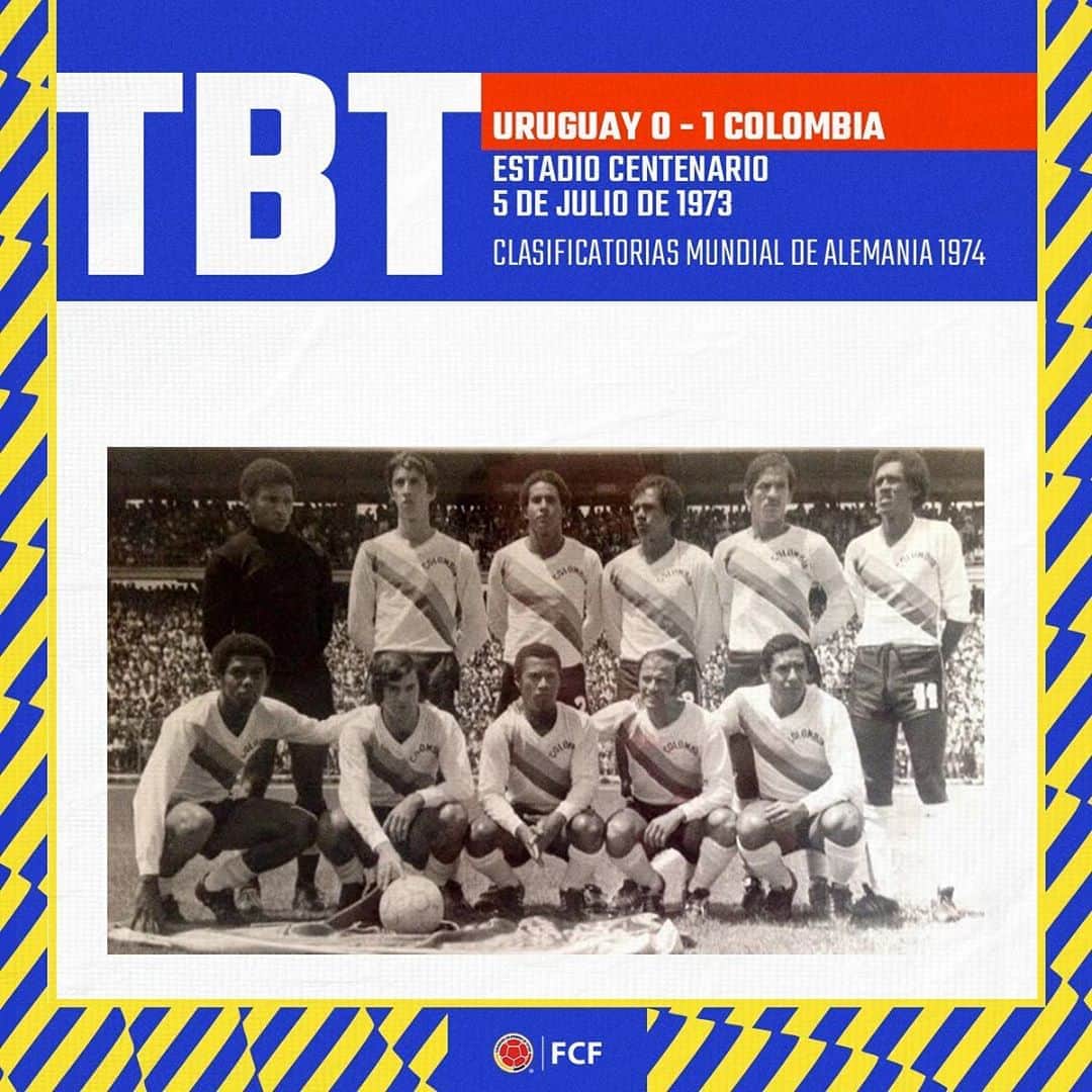 サッカー コロンビア代表チームのインスタグラム：「Un #TBT para la ocasión 😎  Esta fue nuestra primera victoria 🆚 Uruguay por las Clasificatorias a la Copa Mundial de la FIFA 💪  🇺🇾 0⃣ - 1⃣ 🇨🇴 🏟️Centenario 📅5 de Julio de 1973 ⚽ Willington Ortiz」