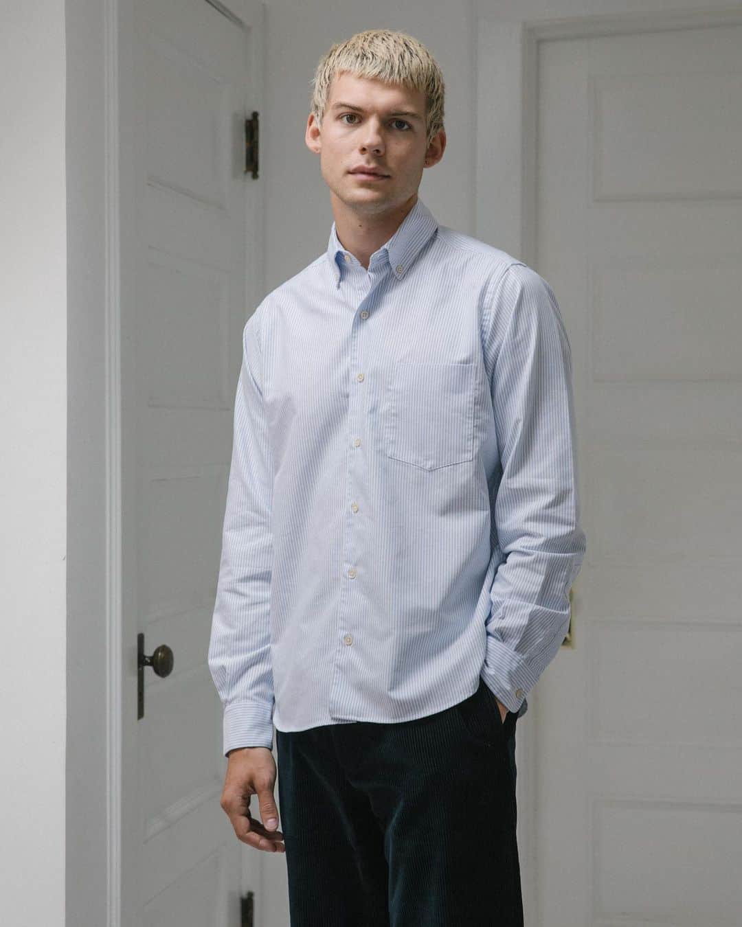 スティーブンアランのインスタグラム：「Classic and understated for every day. That’s why we love the Single Needle in Blue Oxford Stripe. #stevenalan」