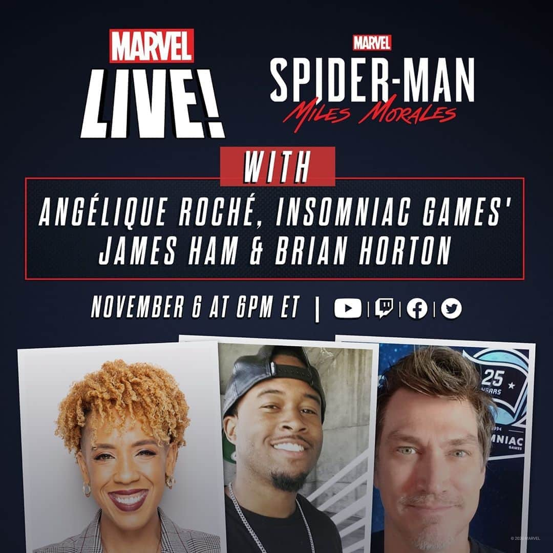 Marvel Entertainmentさんのインスタグラム写真 - (Marvel EntertainmentInstagram)「🕷️ #BeGreater! Swing over to our Twitch, YouTube, Facebook, or Twitter on November 6 at 6PM ET for an exclusive look at “Marvel’s Spider-Man: Miles Morales” with host @angeliquerocheofficial and @InsomniacGames’ James Ham and Brian Horton. #MilesMoralesPS5」11月6日 5時15分 - marvel