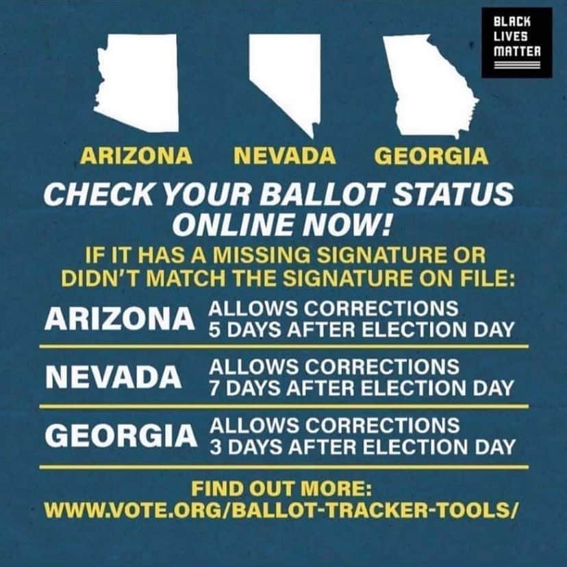 uglyfruitandvegのインスタグラム：「Arizona, Georgia and Nevada! Make sure your vote counted! #Vote #vote2020 Tag someone in those states so they check....🗳🇺🇸 THERE ARE TENS OF THOUSANDS OF BALLOTS THEY CANNOT CONFIRM (unless you contact them) DUE TO SIGNATURE. GEORGIA COULD GO BLUE IF THESE ARE COUNTED!」
