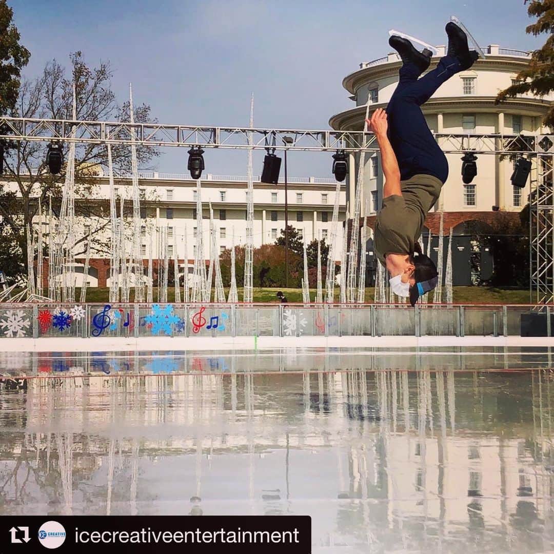 ティモシー・ドレンスキーのインスタグラム：「I’m getting a huge farmers tan from these rehearsals y’all. #Repost @icecreativeentertainment  ・・・ Wait.... who said skating in masks was impossible? 😋 @timtastic92 killing the backflip in rehearsals for A Rockin’ Christmas On Ice! #iceshow #icecreativeentertainment #backflip #backfliponice #safetyfirst」