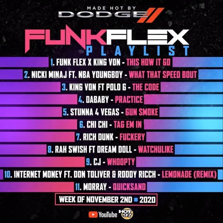 ファンクマスター・フレックスのインスタグラム：「Playlist manager: @wilmajor   1 @FunkFlex x @kingvonfrmdao - This How It Go (Prod. by @bmcbeats ) @inflexwetrust @markbuol @100kmgmt  2 @NickiMinaj ft. @NBAYoungboy - What That Speed Bout!? (Prod. by @mikewillmadeit )  3 @kingvonfrmdao ft. @polo.capalot - The Code (Prod. by @prodbylc @jtk2bz @1djayo ) @markbuol @Empire 4 @DaBaby - Practice (Prod. by @sean_da_firzt ) @arnoldltaylor @interscope 5 @Stunna4Vegas - Gun Smoke (Prod. by @stxnk ) @DaBaby @interscope 6 @chichigwapgod_8fs - Tag Em In #8FS 7 @richdunk_lok - Fuckery #billiondollababyent 8 @RahSwish ft @dreamdoll - WatChuLike  @MoneyNels 9 @realcj_ - Whoopty (Prod. by @pxcoyo ) @jamescruz1 @therealdjstacks @iconick69 @mex3media @2tone305  10 @internetmoneyrecords ft. @dontoliver & @RoddyRicch - Lemonade (remix) (Prod by @pharaohvice @etrou_  @alecwigdahl @nickmira_ #thetaztaylor )  @thetaztaylor @birdmanzoe @nilesg  11 @morrayda1 - quicksand (Prod. by @antchamberlain100 #BrandonButtner )」