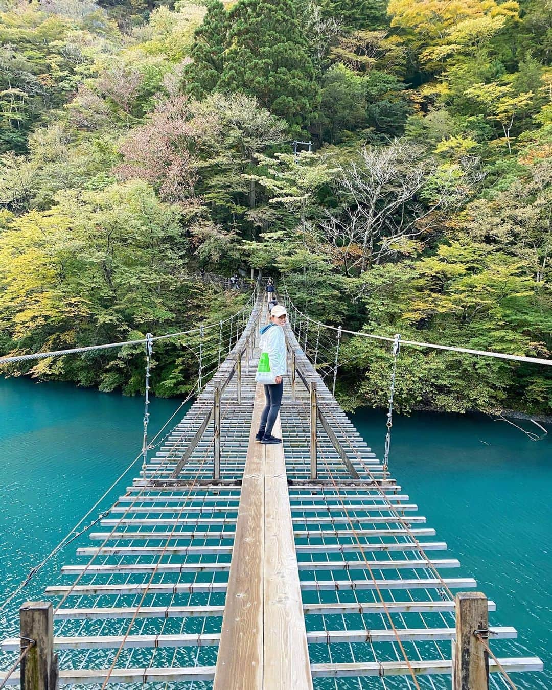 のインスタグラム：「吊り橋を叩いて渡るか  叩かず渡るか  もしくは  くぐるか・・・😎✨  この水の色も  日によっては年によっては ミルクティー色だったりするらしい  なんてラッキーだったのーー🥺✨  春には桜🌸  秋には紅葉🍁  2つの季節で・・・（´-`）.｡oO  お楽しみにーー🙌💓✨  今日も小さい秋見つけられるかなぁ🍠  素敵な一日を🍁  #静岡　#旅行　#視察　#体験 #ツアー　#sup #吊り橋 #trip  #夢が叶う場所 ？？？ #cruise #2021 #未来予想図 #dreamcometrue  #夢の吊り橋 #願い事 #camp」