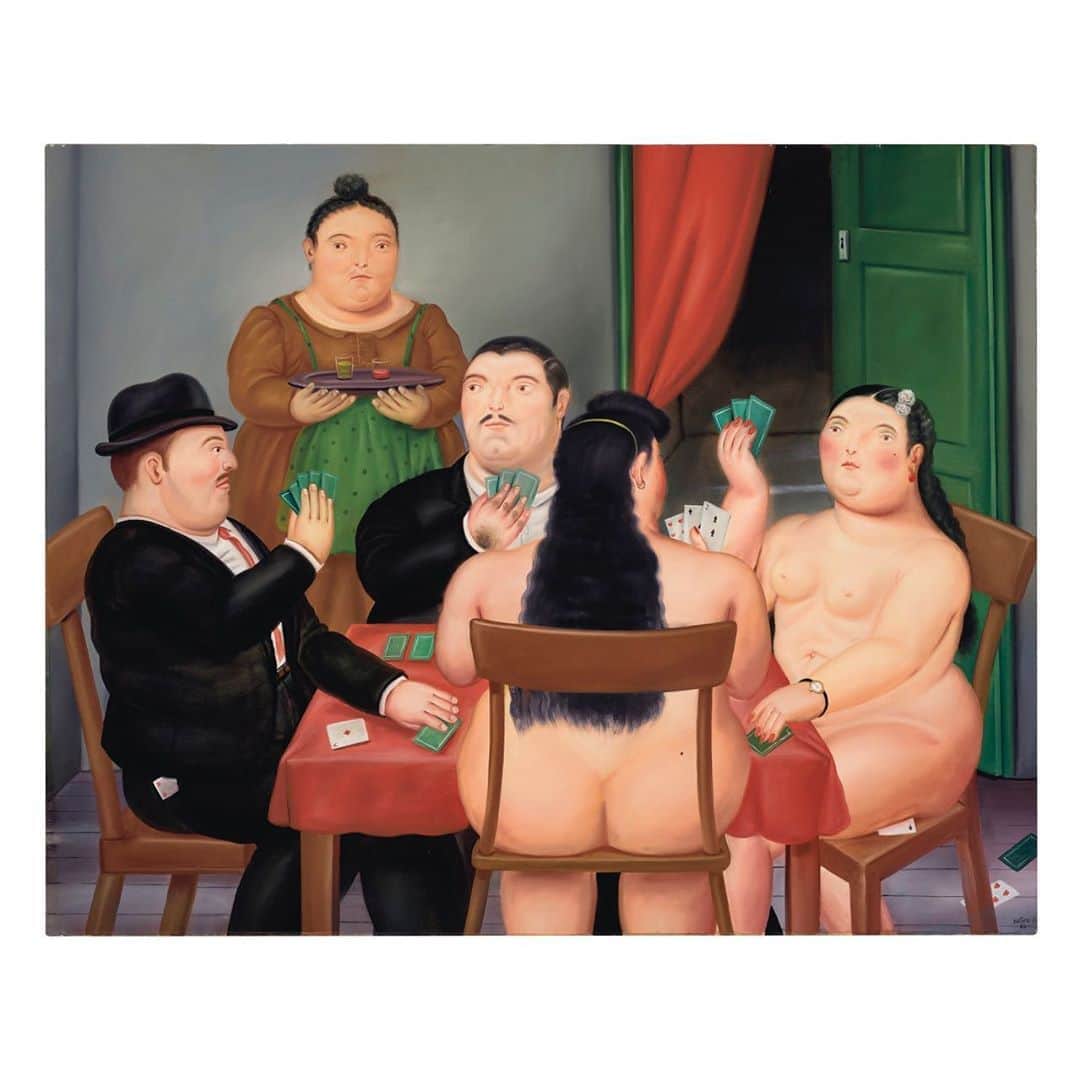 クリスティーズさんのインスタグラム写真 - (クリスティーズInstagram)「Forget the luck of the draw, Botero's characters don't settle for the hand they are dealt. A trailblazer himself, Fernando Botero has gained international notoriety for his voluminous forms and scenes of the everyday imbued with irony and humor. .⠀ Here, with the theme of 'the cardsharp,' Botero gives a nod to those masters of old—Cézanne, Caravaggio, and de la Tour—but places his subjects closer to home. ‘Card Players’ recalls scenes from the red-light district in his native Medellín, a place that fascinated and intrigued him as a young boy and later served as inspiration for an aspiring artist, much like the Parisian brothels that so captivated Henri Toulouse-Lautrec.⠀ . Within this backroom affair, a heated game is taking place. Despite their poker faces, here everyone's a cheat. A card tucked into a trouser, another hidden under a fleshy thigh, or being quietly passed from one to another, all while the madame of the house looks on.⠀ . Fernando Botero (b. 1932), 'Card Players', Painted in 1986. Estimate: $1,000,000 – 1,500,000⠀ .⠀ Latin American Art — 13 November, New York⠀ .⠀ #art #artist #latinamericanart #botero #fernandobotero #poker #pokerplayers」11月6日 6時58分 - christiesinc