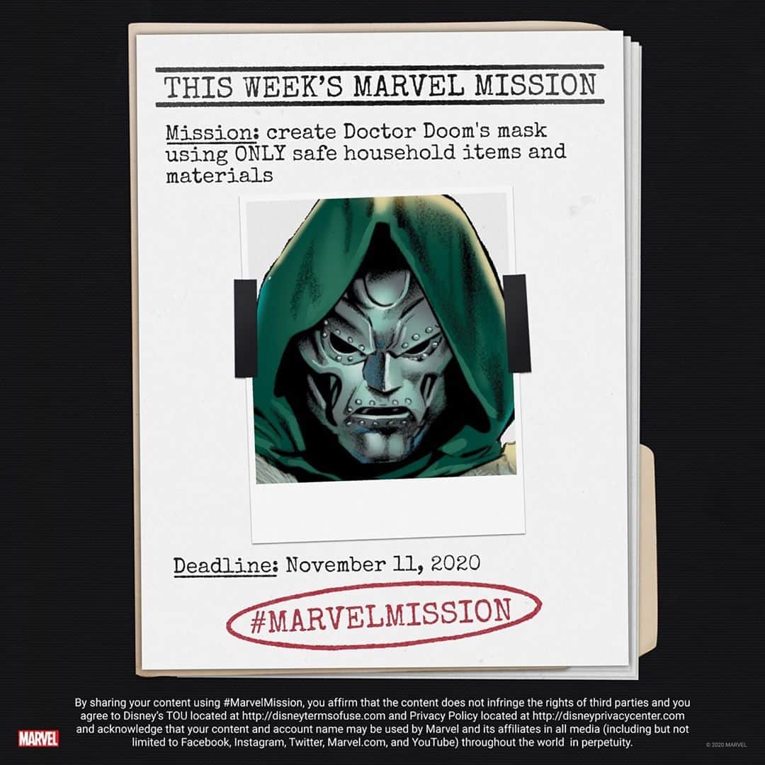 Marvel Entertainmentさんのインスタグラム写真 - (Marvel EntertainmentInstagram)「THIS WEEK'S MISSION: Create Doctor Doom's mask using ONLY safe household items and materials.   You have one week to complete your task. Post your photo or video here with the #MarvelMission hashtag for the chance to be featured in our round-up of favorites!」11月6日 9時30分 - marvel