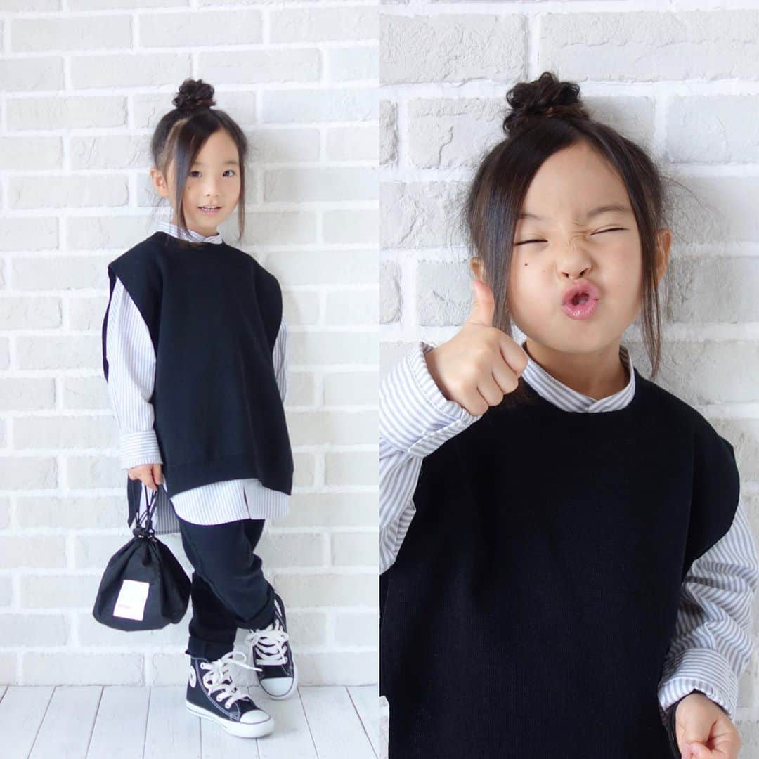 Saraのインスタグラム：「. coordinate♡ . ストライプシャツ×ベストで 今っぽく🖤 . 安定のモノトーンでした🐼 . スワイプして最後までミテネ✌️ . #ootd #kids #kids_japan #kids_japan_ootd #kjp_ootd #kidsfahion #kidscode #kidsootd #kidswear #キッズコーデ #キッズファッション #インスタキッズ #devirock #lowrysfarm #converse #branshes #ストライプシャツ #ベスト #ベストコーデ #ライブドアインスタブロガー」