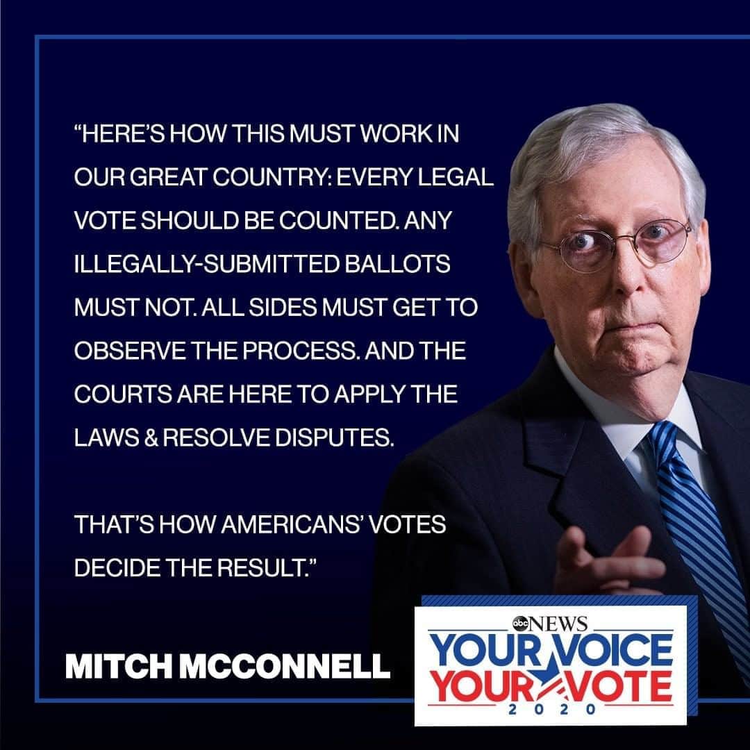 ABC Newsさんのインスタグラム写真 - (ABC NewsInstagram)「Senate Majority Leader Mitch McConnell: “Every legal vote should be counted. Any illegally-submitted ballots must not. All sides must get to observe the process. And the courts are here to apply the laws & resolve disputes.” #politics #election2020」11月6日 22時17分 - abcnews