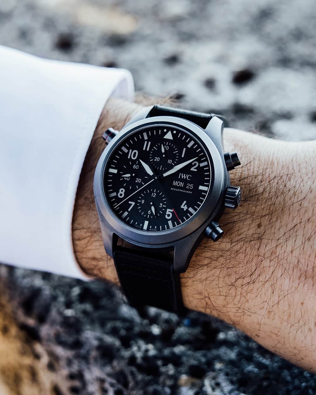 IWCさんのインスタグラム写真 - (IWCInstagram)「Featuring the #IWCPilot's Watch Double Chronograph Top Gun Ceratanium (Ref. IW371815). Ceratanium® was developed by #IWC and combines the advantages of titanium and ceramic in a single material. Based on a titanium alloy, the patented material is as light and rigid as titanium itself but at the same time as hard, wear-free and scratch-resistant as ceramic. The Double Chronograph features an integrated split-seconds function that enables the watch to time two separate actions simultaneously. Its power is supplied by the 79420-calibre movement with automatic winding and a 44-hour power reserve.」11月6日 23時00分 - iwcwatches
