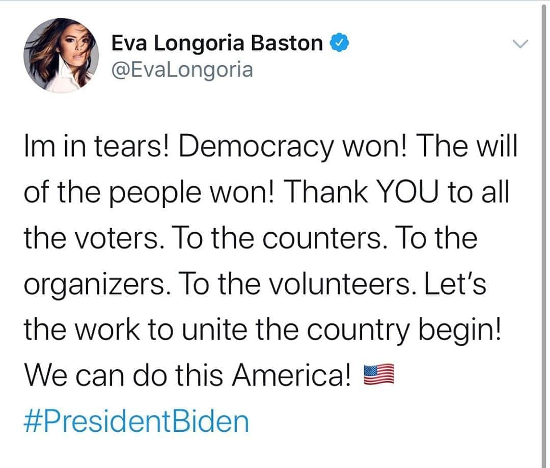 エヴァ・ロンゴリアさんのインスタグラム写真 - (エヴァ・ロンゴリアInstagram)「President Biden and Vice President Harris!! We are ready for you!!!! Democracy won y’all!! Power of the people!!! 🇺🇸 🇺🇸 🇺🇸」11月6日 23時40分 - evalongoria