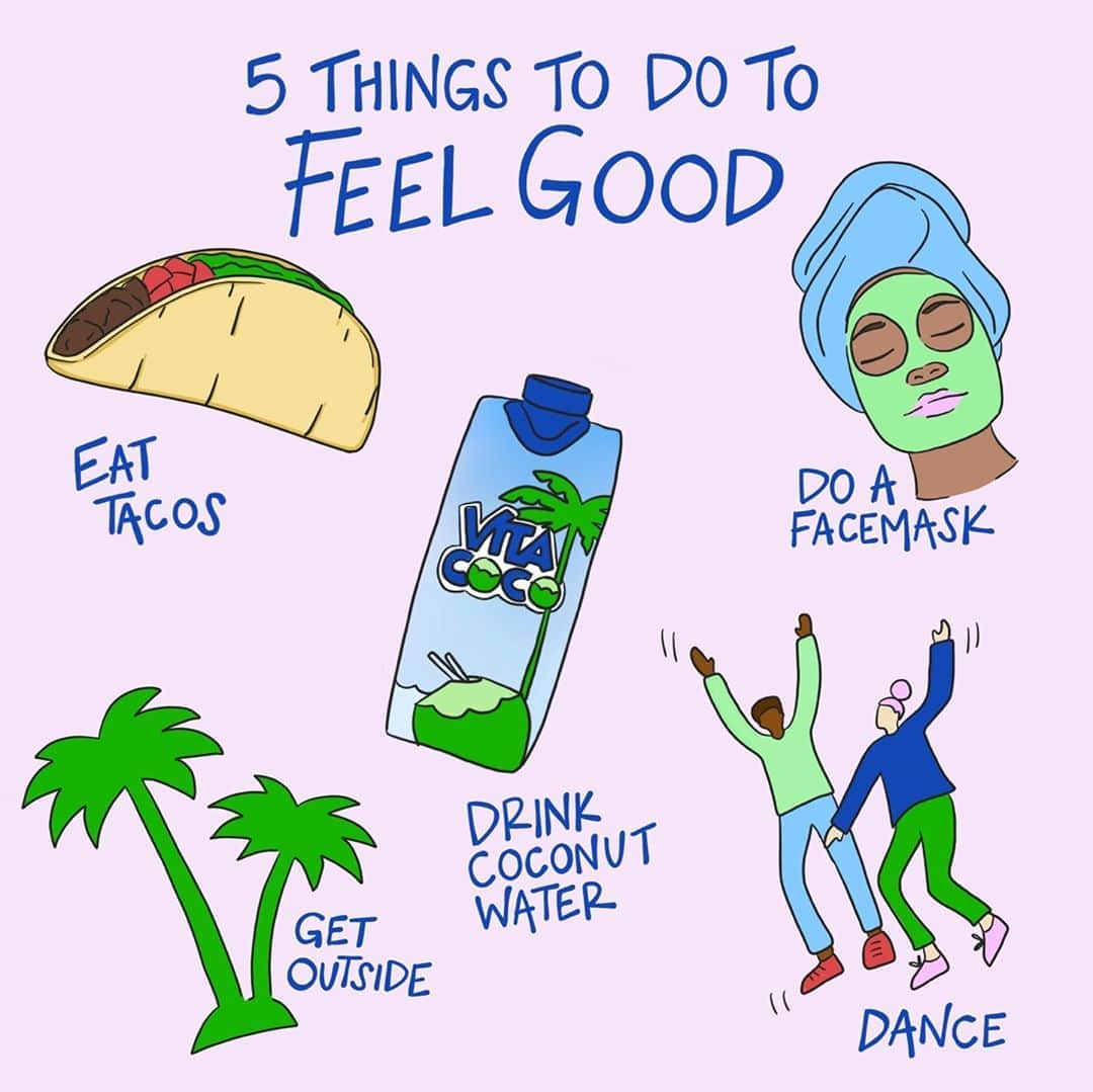 Vita Coco Coconut Waterのインスタグラム：「Here are 5 tips to a #FeelGoodFriday  You don't have to do any of them, but if you had to pick one I'd recommend tacos...or dancing. Now I don't know. They all seem like good ideas.」