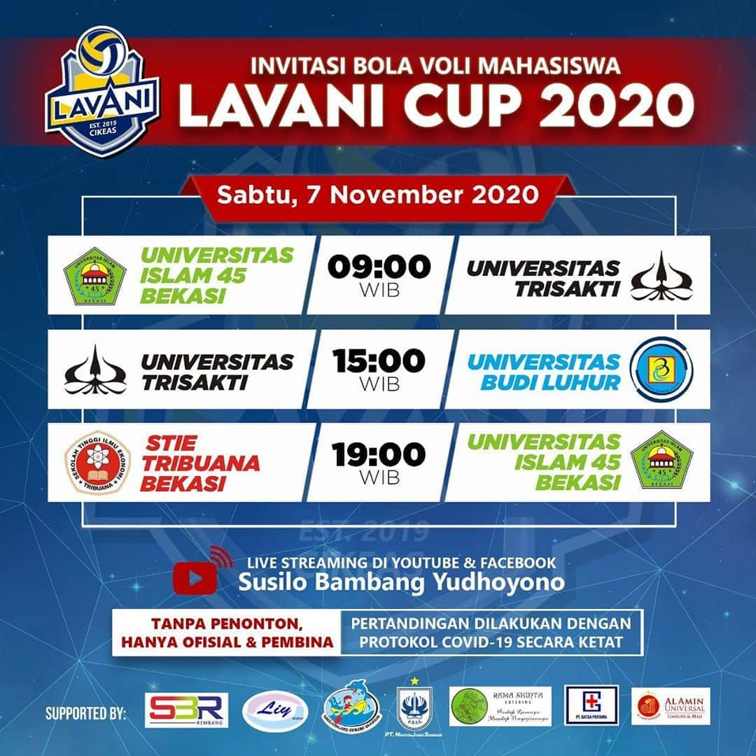 アニ・ユドヨノのインスタグラム：「Saksikan hari kedua "Invitasi Bola Voli Mahasiswa Lavani Cup 2020" yang akan mempertandingkan:  - Pukul 09.00 WIB: Universitas Islam 45 Bekasi vs Universitas Trisakti - Pukul 15.00 WIB: Universitas Trisakti vs Universitas Budi Luhur - Pukul 19.00 WIB: STIE Tribuana vs Universitas Islam 45 Bekasi  Pertandingan akan berlangsung seru karena masing-masing tim akan memperebutkan poin untuk masuk ke babak semifinal dan final.  Jadi, jangan lewatkan besok, hari Sabtu, 7 November 2020. Seluruh pertandingan akan disiarkan secara langsung melalui live streaming di akun Youtube & Facebook “Susilo Bambang Yudhoyono”.」