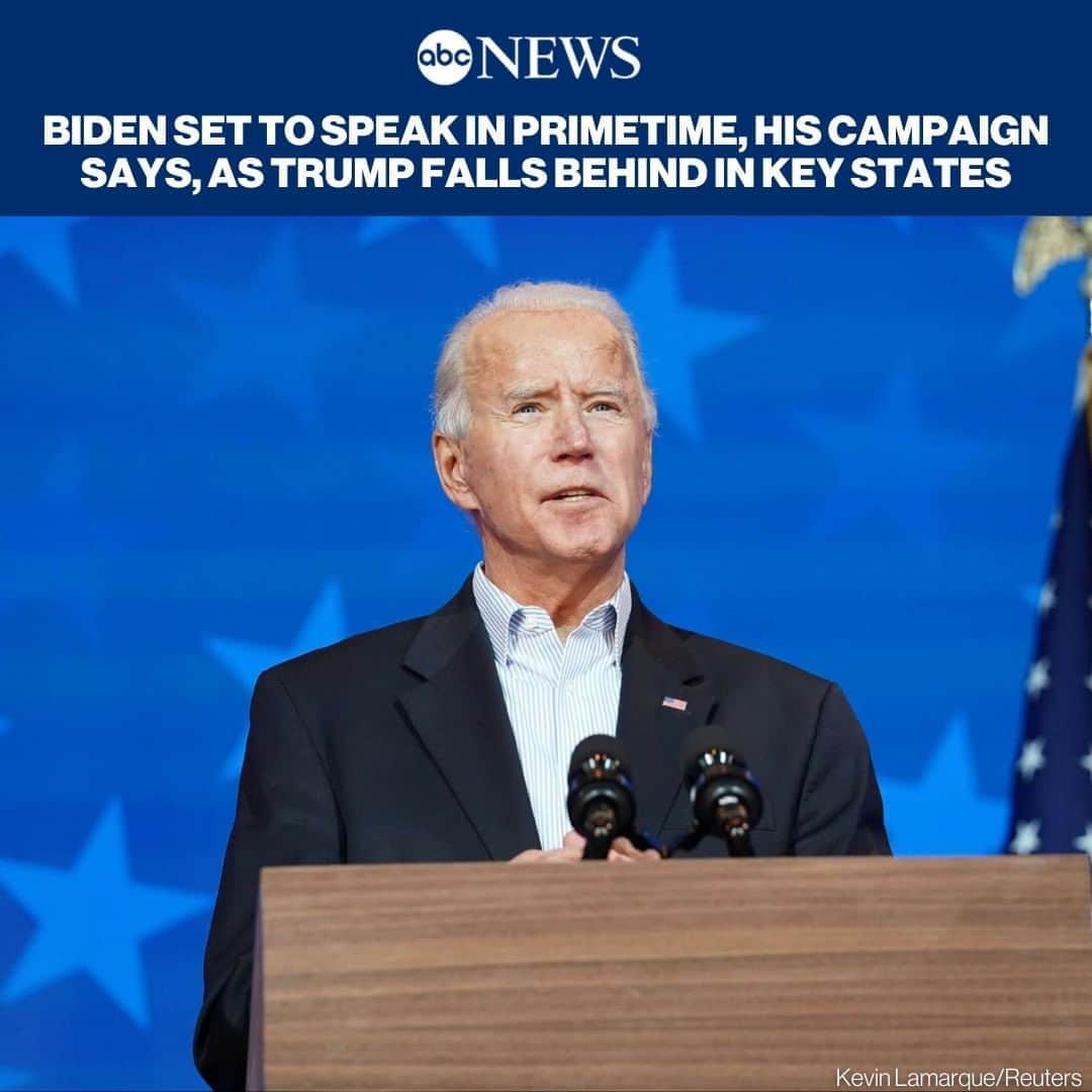 ABC Newsさんのインスタグラム写真 - (ABC NewsInstagram)「Former Vice President Joe Biden is set to deliver a primetime address from Wilmington, Delaware, according to the Democratic presidential nominee's campaign, as his lead over Pres. Donald Trump continues to grow in key battleground states. Tap link in bio for more. #election2020 #politics #joebiden」11月7日 7時04分 - abcnews