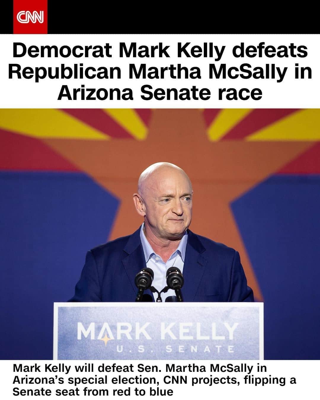 CNNさんのインスタグラム写真 - (CNNInstagram)「Democrat Mark Kelly, a retired Navy captain and NASA astronaut, will defeat Republican Sen. Martha McSally in Arizona's special election, CNN projects Friday, flipping a seat from red to blue as Democrats make a final push for the Senate majority. Their path to the majority has narrowed significantly as Republicans have so far thwarted challengers in a number of other states. But securing the Arizona Senate seat is still a major victory for Democrats, who had set their sights on the seat as one of their early top pick-up opportunities. Kelly is married to former Arizona Rep. Gabby Giffords, who was shot in the head and nearly killed in 2011 and is now a leader in the movement against gun violence. Tap the link in our bio to learn more. #CNNElection⁠ ⁠ (📸: Courtney Pedroza/Getty Images)」11月7日 1時51分 - cnn