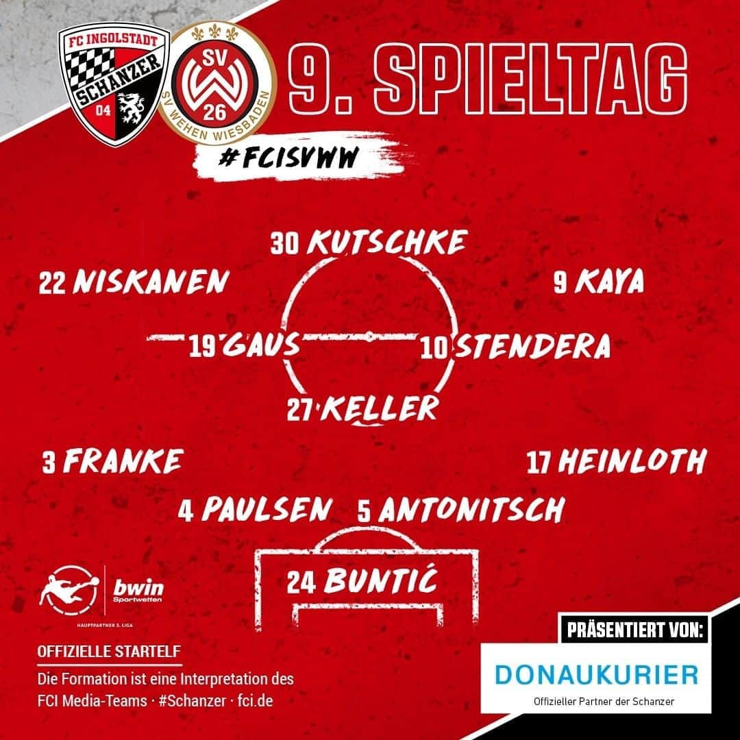 FCインゴルシュタット04さんのインスタグラム写真 - (FCインゴルシュタット04Instagram)「DAS IST UNSERE STARTELF ⚫️🔴 So gehen die #Schanzer es an! ⚽️🔥Zufrieden mit der Aufstellung?! 👀 ___ Bank: Schellenberg, Preißinger, Beister, Hawkins, Butler, Bilbija und Sussek.   Info: Krauße und Schröck fehlen leider kurzfristig angeschlagen. Gute Besserung, Männer! . . #schanzerdassindwir #Schanzerfürimmer #Ingolstadt #FCI #FCIngolstadt #3Liga #zeigtsuns #fu3ball #soccer #fussball #football #futbol #immerweiter #zamhoidn #Team #Dahoam #Zusammenhalt #Heimspiel #AudiSportpark #einfachkriegstduwoanders #Oberbayern #Stadion #WehenWiesbaden #Wiesbaden #FCISVWW #FCIWIE #zusammenzumsieg #Startelf #Aufstellung」11月7日 2時06分 - dieschanzer