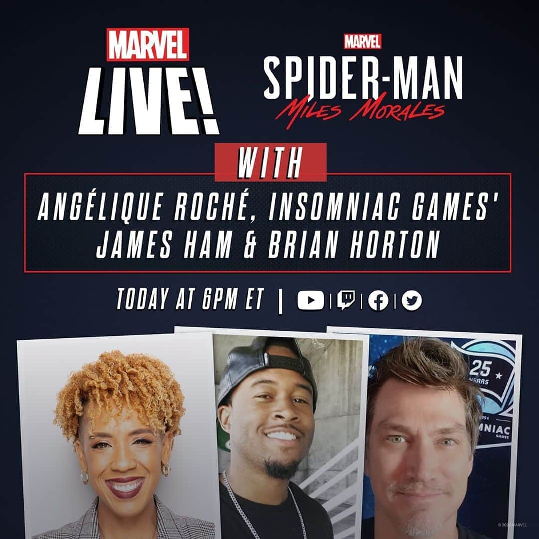 Marvel Entertainmentさんのインスタグラム写真 - (Marvel EntertainmentInstagram)「🕸️ TODAY! Web-swing over to our Twitch, YouTube, Facebook, or Twitter at 6PM ET for an exclusive look at “Marvel’s Spider-Man: Miles Morales” with host @angeliquerocheofficial and @InsomniacGames’ James Ham and Brian Horton. #MilesMoralesPS5」11月7日 2時14分 - marvel