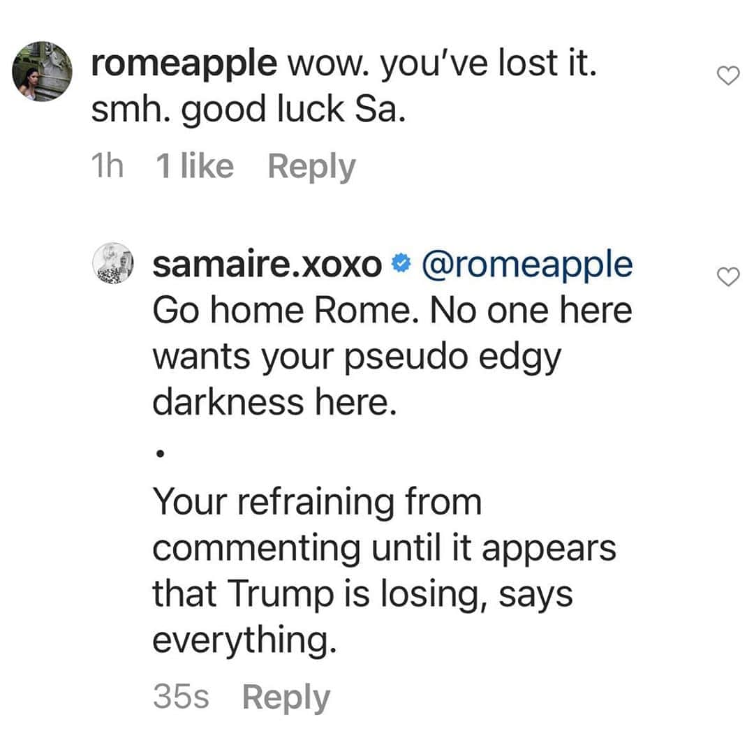 サミーア・アームストロングのインスタグラム：「Please keep coming on my page and commenting.  • This was under my post of rallies to protest the fraud.  • Blatant voter fraud is taking place with a growing amount of videos and testimony to prove it, and yet, “I’ve lost it” • The real problem here is that media is king. Corrupt media is a great cause for this divide. When everyone decides to get their facts from sources other then MSM, we may have to a shot of civility.  • Until then, as my Dad always said, “You can’t argue with crazy people.”」