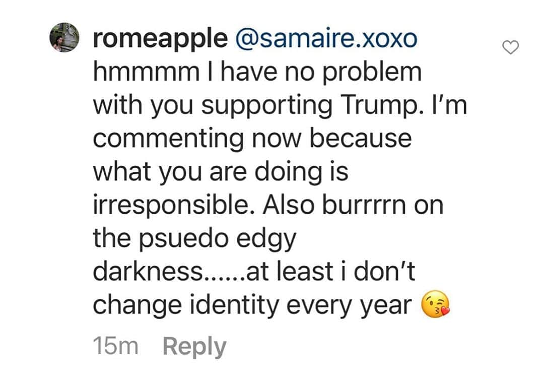 サミーア・アームストロングのインスタグラム：「My bad @romeapple.  • She wanted to make sure I posted her reply too.  • This is her calling me out for evolving as a human being.  • In your words Rome, SMH.」