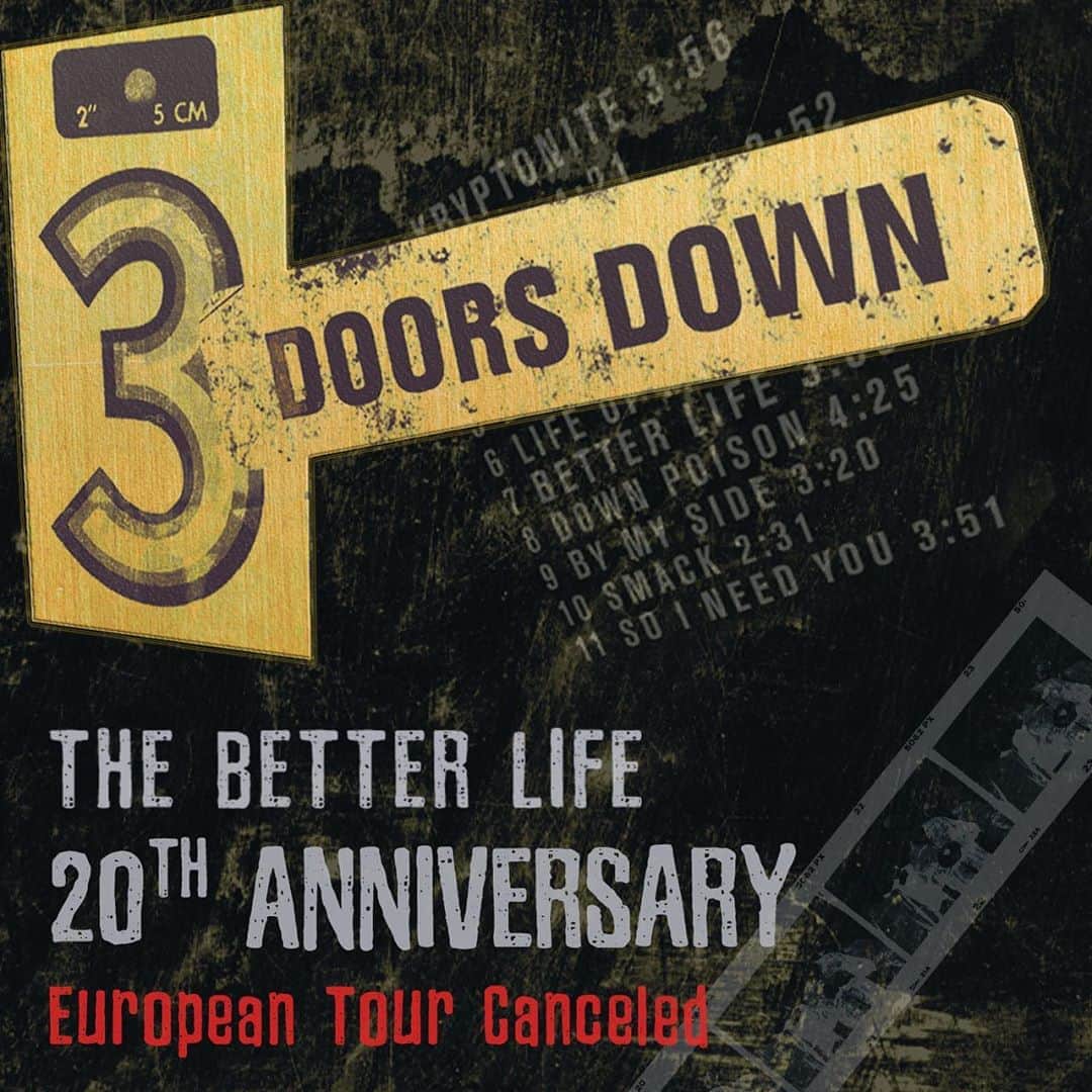 3 Doors Downのインスタグラム：「To our European fans. We were very much looking forward to celebrating the 20th Anniversary of #TheBetterLife with you this year. As previously announced we planned to postpone and reschedule the tour for 2021. Due to the continuing COVID-19 restrictions and out of an abundance of caution and consideration for the safety and well being of our band, crew, partners, and fans, we will not be able to be in Europe in 2021. The previously announced dates in Ludwigsburg, Berlin, Luxembourg, Hamburg, Utrecht and Warsaw have been cancelled. Refund information is available at the point of purchase. We look forward to getting through this and being able to put on ROCK shows for you again in the future.  In the meantime, stay safe and healthy, friends.   Brad, Chris, Greg, Chet & Justin」