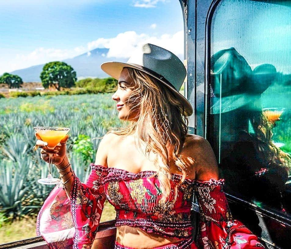 アリサ・ラモスさんのインスタグラム写真 - (アリサ・ラモスInstagram)「Anyone else wish they were on the Tequila Train to the Jose Cuervo town in Mexico right about now??? 🥴🍹🙋🏼‍♀️ . At this point there's not much we can do but think happy thoughts, so I shall share with you how epic this train ride is 🤗 . You board the train in Guadalajara (where my bf was born!), and travel to Tequila, Mexico -- the town that the actual spirit is named after! Actually, tequila must be from this region in order to be called "tequila"! . On the train you get your own server who brings you several tastings of different kinds of tequilas and cocktails!  . It's a restored old-fashioned train, and the servers are in cocktail attire, so it really feels like you've transported back in time! . It's also a very scenic ride, with massive blue agave plants on either side, and the volcano in the distance. . The only trains I've been on more scenic than this one were in Sri Lanka! . Some more happy thoughts, we are going to be roadtripping again soon! To Valladolid, Chichén Itzá, and Mérida! Any tips? . Or anyone just wanna cheers me with their favorite drink emoji? 😂🍹🥂🍻🧉🍷🍶🍸🫖☕ . Have a happy day everyone!! . . #tequila #tequilajalisco #tequilamexico #guadalajara #mexico #MyLifesATravelMovie #tequilatrain」11月7日 4時12分 - mylifesatravelmovie