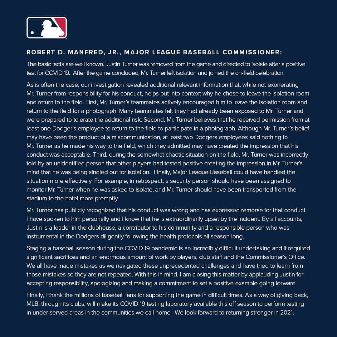 Los Angeles Dodgersさんのインスタグラム写真 - (Los Angeles DodgersInstagram)「Major League Baseball has completed its investigation of the events following the Los Angeles Dodgers Victory in Game Six of the World Series. The following statements from MLB, Justin Turner, and the Dodgers were released today.」11月7日 5時00分 - dodgers