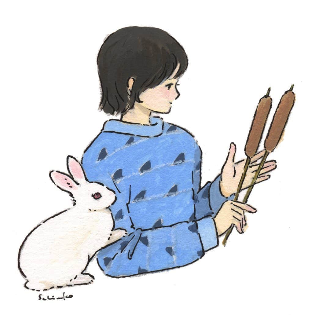 森山標子(しなこ)/Schinakoのインスタグラム：「The cattail ear and a white rabbit  ガマの穂と白うさぎ🐇 * #illustration#art#drawing#design#acrylicpaint#アクリル絵の具#rabbit#bunny#うさぎ」