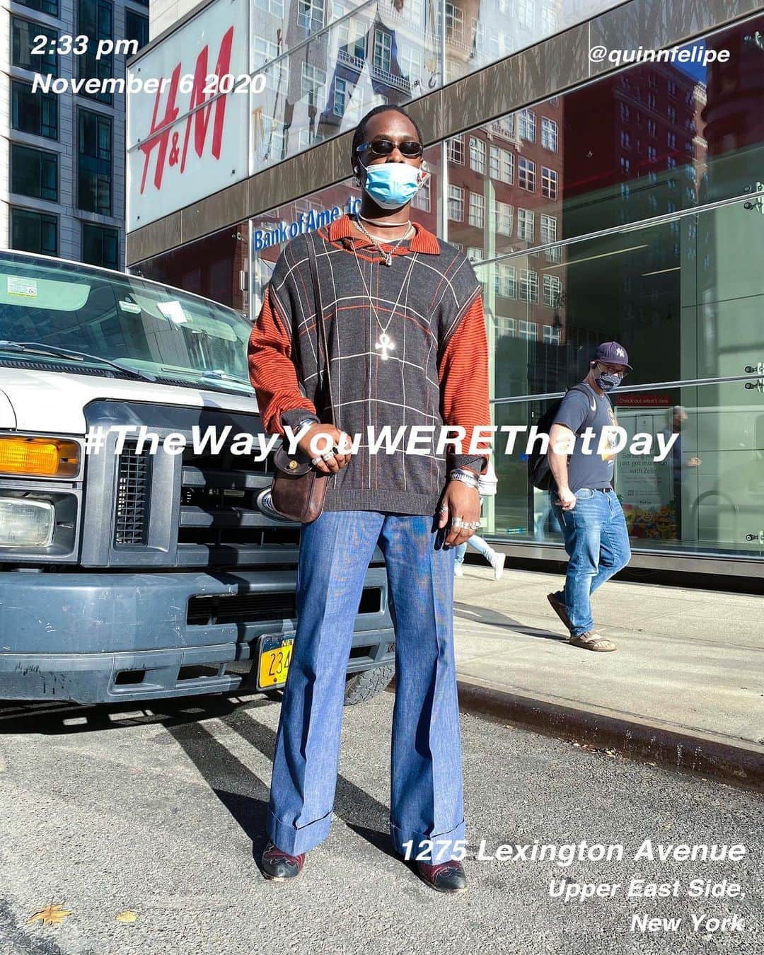 筒井心一のインスタグラム：「@quinnfelipe  on 1275  #LexingtonAvenue at 2:33 pm, November 6 2020, #NewYork ﻿ #OutfitOfTheDay = #TheWayYouWEREThatDay  #TWYWTD #ShinichiTsutsui」