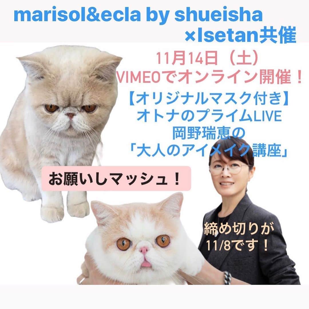 岡野瑞恵のインスタグラム：「伊勢丹と集英社での岡野瑞恵 “肌魅せマスク付き・大人のアイメイク講座”　を開催致します。 １１月１４日（土）１４：００～１５：３０　Ｖｉｍｅｏオンラインイベント参加チケット 2,970円（税込）  チケットは Women  三越伊勢丹オンラインストアにて、ご購入頂けます！ ‪‬【オリジナルマスク付き】  14日は一粒万倍です！ 新しいことを始めるのに最適な日 そして15日は新月です！ 是非この機会に メイクでリフレッシュして 運気を上げて行きましょう！  @prime_garden_isetan_shinjuku  からもご覧になれますので 是非よろしくお願い致します。」