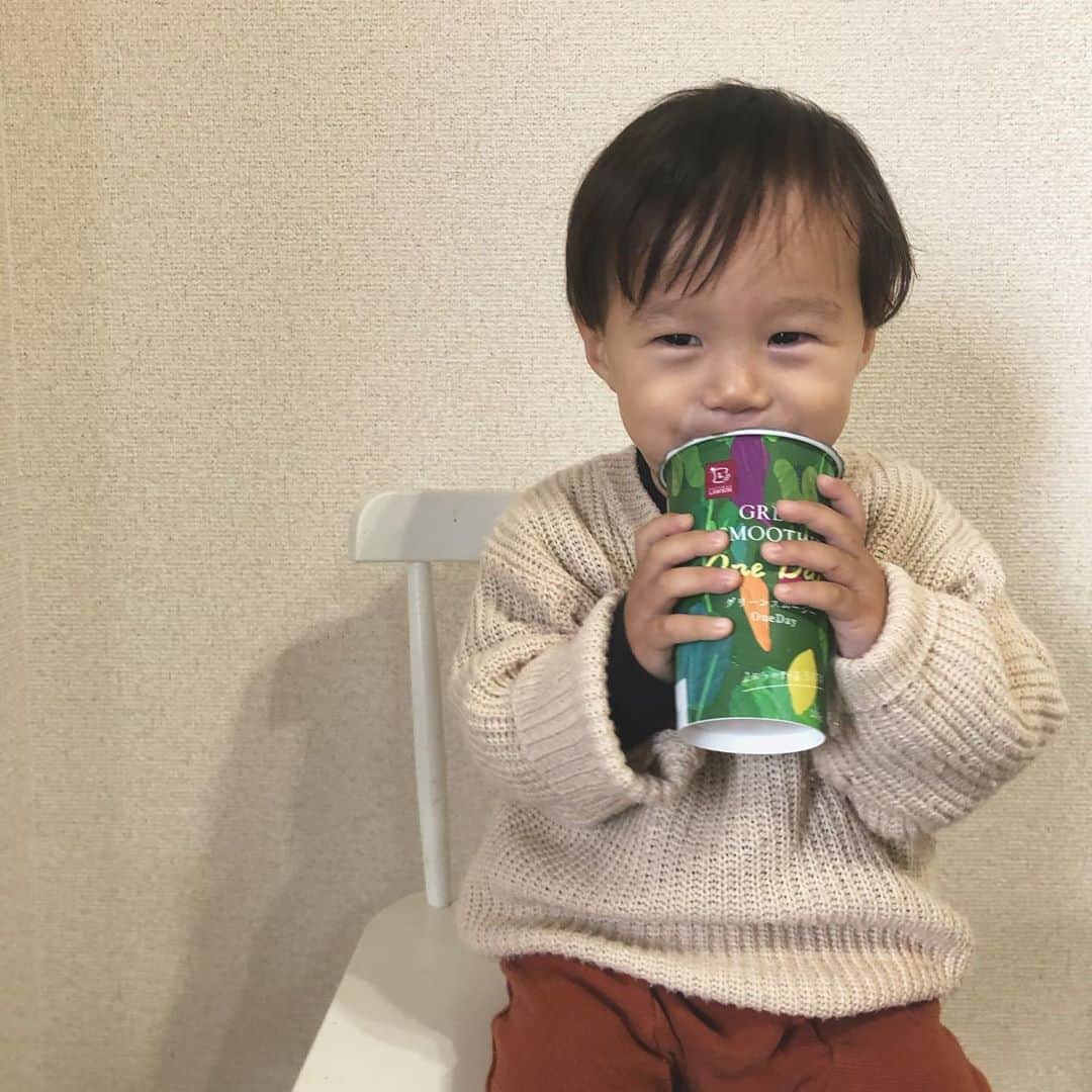 のインスタグラム：「普段野菜はとうもろこしと大根とにんじんくらいしか食べない〜（前はトマト食べてたのに今は潰す専門🙃）  スムージーなら飲めるみたいだからお家でも作ろうかな〜🥤#我が家の癒し担当👶🏻  #1歳3か月#男の子ベビー#男の子ママ#福岡ママ#2歳差育児#2歳差兄弟#野菜スムージー」