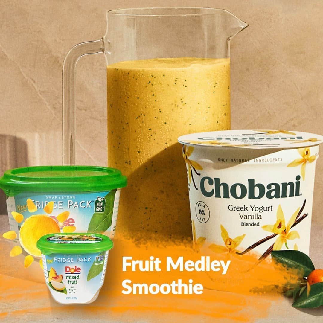 Dole Packaged Foods（ドール）のインスタグラム：「Combine our juicy Dole® Mixed Fruit Fridge Pack with some yummy @Chobani Greek Yogurt for a smoothie that’ll have your taste buds doing their happy dance.」