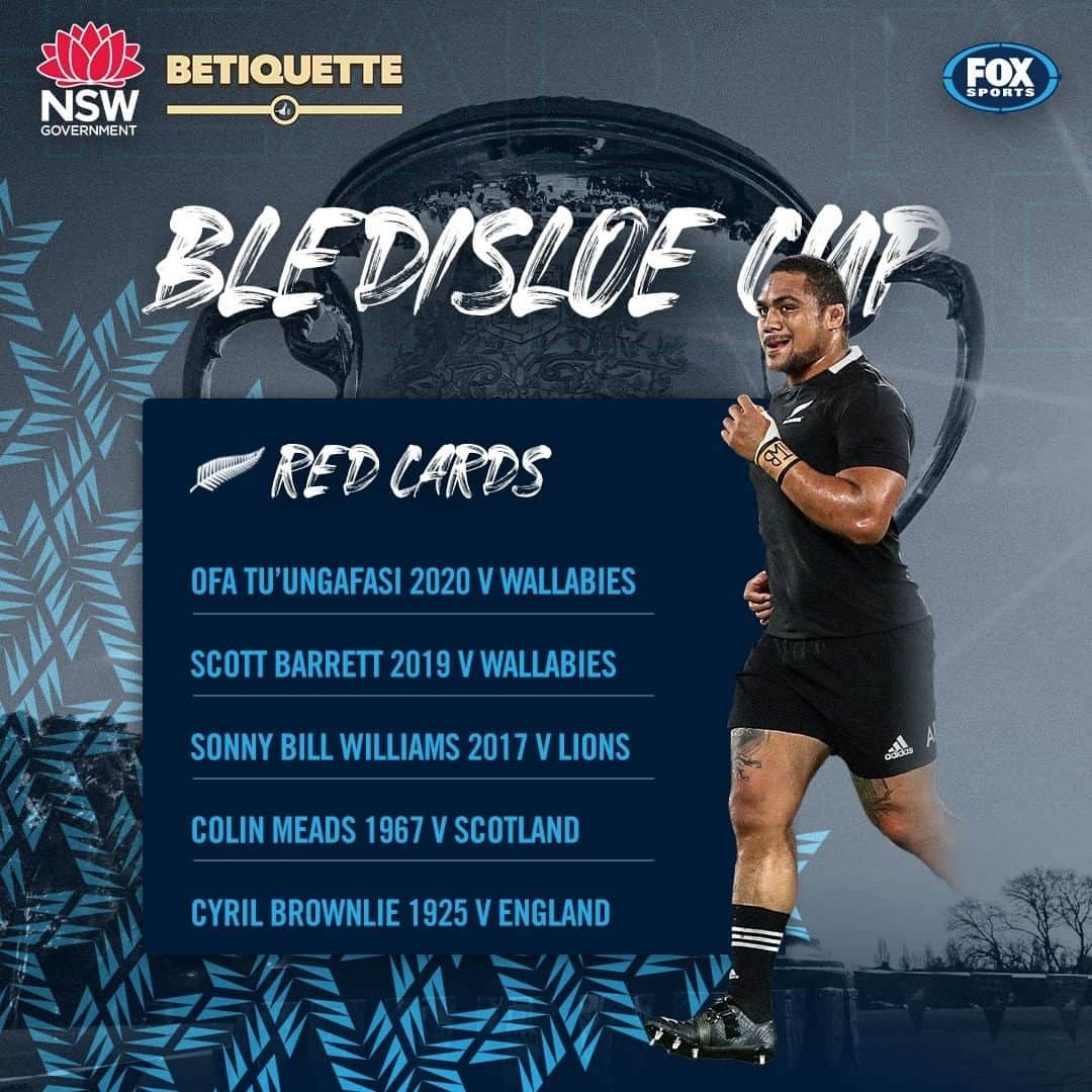 FOX・スポーツ・ラグビーのインスタグラム：「Just the 5th @allblacks player to be sent off in a Test match. 😧  #BledisloeCup  Thanks to NSW Gambling Help - Show some Betiquette-using etiquette when betting.」