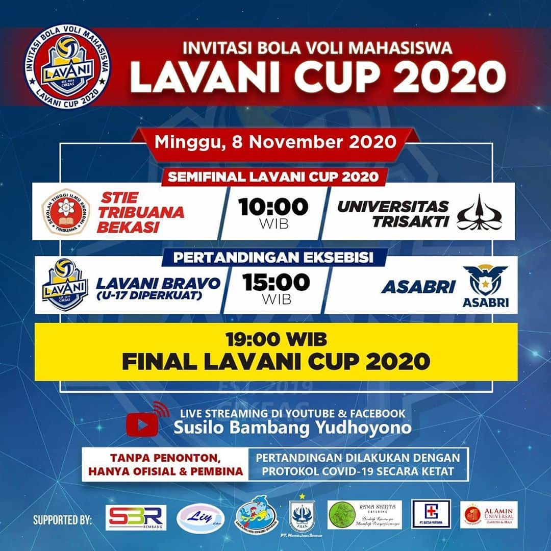 アニ・ユドヨノのインスタグラム：「Jangan lewatkan hari terakhir “Invitasi Bola Voli Mahasiswa Lavani Cup 2020” dengan jadwal:  - Semifinal, pukul 10.00 WIB: STIE Tribuana vs Universitas Trisakti  - Pertandingan Eksebisi, pukul 15.00 WIB: Lavani Bravo vs Asabri - Final, pukul 19.00 WIB: Universitas Islam 45 Bekasi vs Juara Semifinal  Siapa yang akan berhasil merebut Piala SBY kali ini? Jangan lupa tonton pada hari Minggu, 8 November 2020. Pertandingan-pertandingan ini akan disiarkan secara langsung melalui live streaming di akun Youtube & Facebook “Susilo Bambang Yudhoyono”. Selamat Menyaksikan...」