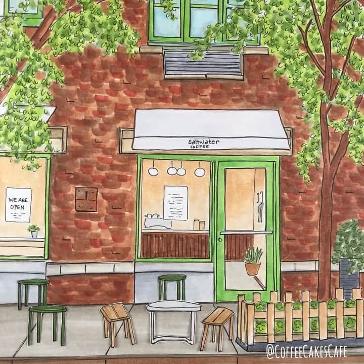 のインスタグラム：「The best way to jump start a Saturday or any day actually, is with coffee!! Hmm 🤔 Hot ☕️ or cold 🥤?? What’s your pick for today? I love this cafe...and loving their outdoor seating area.💚 If you’ve never been here, give it a try the next time you’re in this neighborhood! Happy Saturday everyone! 😊☀️ @saltwaternyc  . . . #stopmotion #cafehopping #westvillagenyc #westvillagelife #thisisnewyorkcity #coffeeshop #stopmotionanimation #westvillage #greenwichvillagenyc #greenwichvillage #coffeeshopcorners #timeoutnewyork #chasing_facades #picturesofnewyork #made_in_ny #seeyourcity #newyorkgram #prettycitynewyork #newyorkarea #facade #facadelovers #streetsofnewyork #picame #stopmotionvideo #icapture_nyc #instagramnyc #coffeecakescafe #nycrestaurants #storefront #urbansketchers」