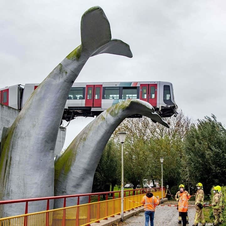 HYPEBEASTさんのインスタグラム写真 - (HYPEBEASTInstagram)「@hypebeastart: A subway train in Rotterdam, Netherlands was saved from a crash when it sped through buffers and landed on a sculpture of a whale’s tail. The incident took place at the De Akkers metro station in Spijkenisse around 12:30 am on Monday. Instead of falling more than 30 feet to the ground, the train was stopped by one of two whale tail sculptures at the end of the track. The artwork’s official name, ‘Saved by the Whale’s Tail,’ could not be more apt.⁠ Click the link in our bio to learn more.⁠⠀⁠ ⁠Photo: Robin Utrecht/Getty Images」11月7日 23時30分 - hypebeast