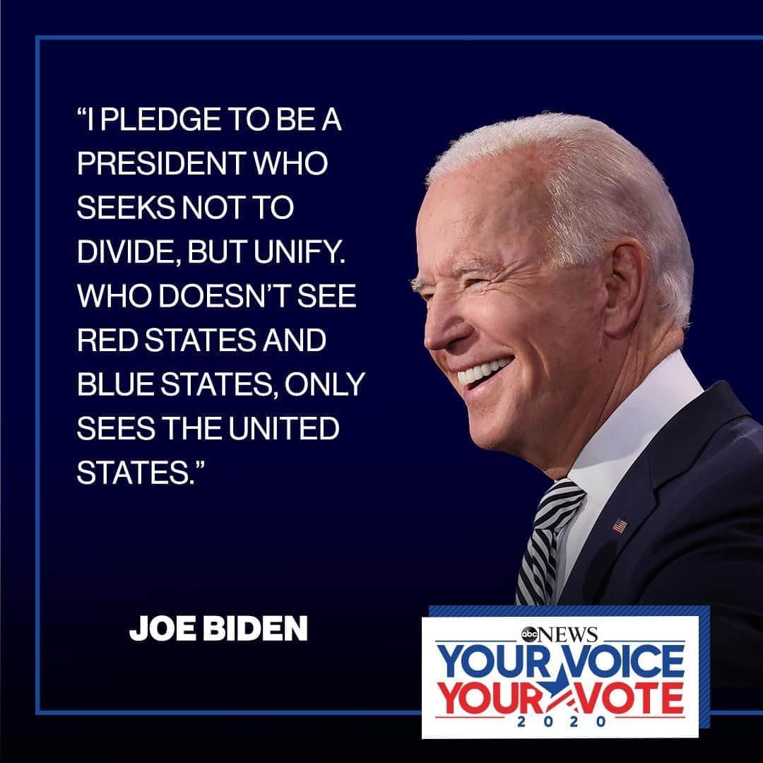 ABC Newsさんのインスタグラム写真 - (ABC NewsInstagram)「President-elect Joe Biden: "I pledge to be a president who seeks not to divide, but unify. Who doesn’t see red states and blue states, only sees the United States." #election2020 #joebiden」11月8日 10時51分 - abcnews