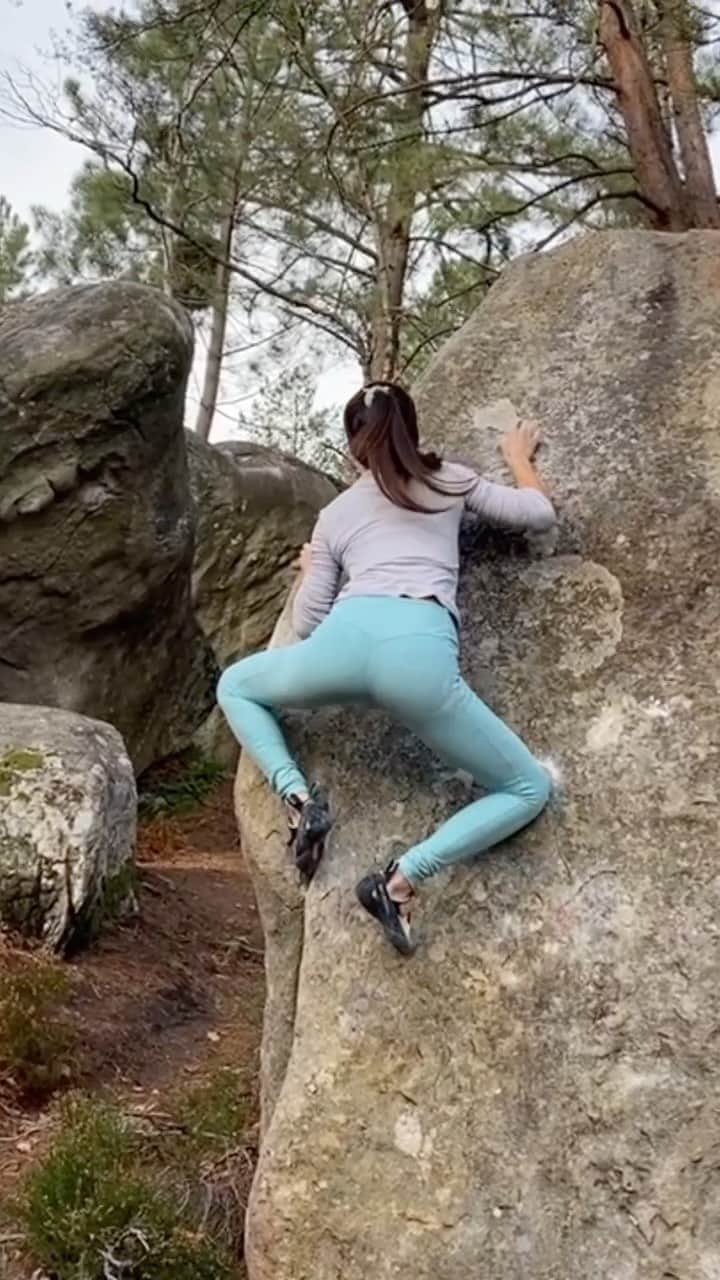 キャロライン・シノのインスタグラム：「Classic Font 🐸 mouv on that nice red arête in Apremont. Wait til the end for Misty😍 @crimpoilofficial @girlsinbleau」