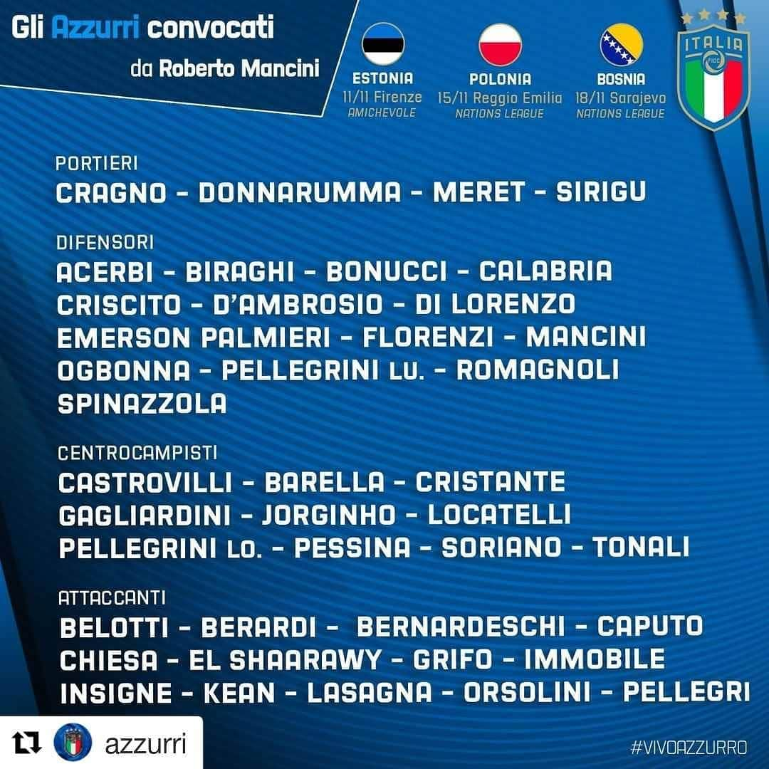 ロベルト・マンチーニさんのインスタグラム写真 - (ロベルト・マンチーニInstagram)「#NAZIONALE 🇮🇹 Gli #Azzurri 💙 convocati per le gare di novembre contro #Estonia 🇪🇪, #Polonia 🇵🇱 e #Bosnia 🇧🇦  Maggiori info sulle convocazioni 👉🏻 www.figc.it  #VivoAzzurro @azzurri #Mancio」11月8日 2時31分 - mrmancini10