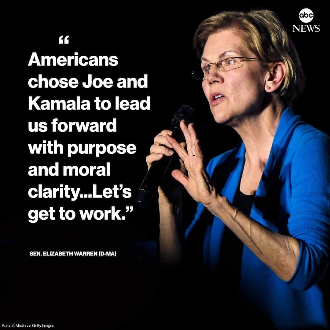 ABC Newsさんのインスタグラム写真 - (ABC NewsInstagram)「Sen. Elizabeth Warren: "Americans chose Joe and Kamala to lead us forward with purpose and moral clarity...Let's get to work."⁠ ⁠ Read more reactions at LINK IN BIO as Joe Biden is set to become the next president. #elizabethwarren #donaldtrump #joebiden #election2020 #election」11月8日 2時38分 - abcnews