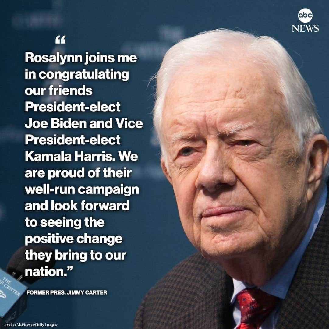 ABC Newsさんのインスタグラム写真 - (ABC NewsInstagram)「NEW: Former Pres. Jimmy Carter congratulates Joe Biden and Kamala Harris: "We are proud of their well-run campaign and look forward to seeing the positive change they bring to our nation.” #jimmycarter #joebiden #kamalaharris #rosalynncarter #election2020⁠ ⁠ Read the latest at LINK IN BIO.」11月8日 2時58分 - abcnews