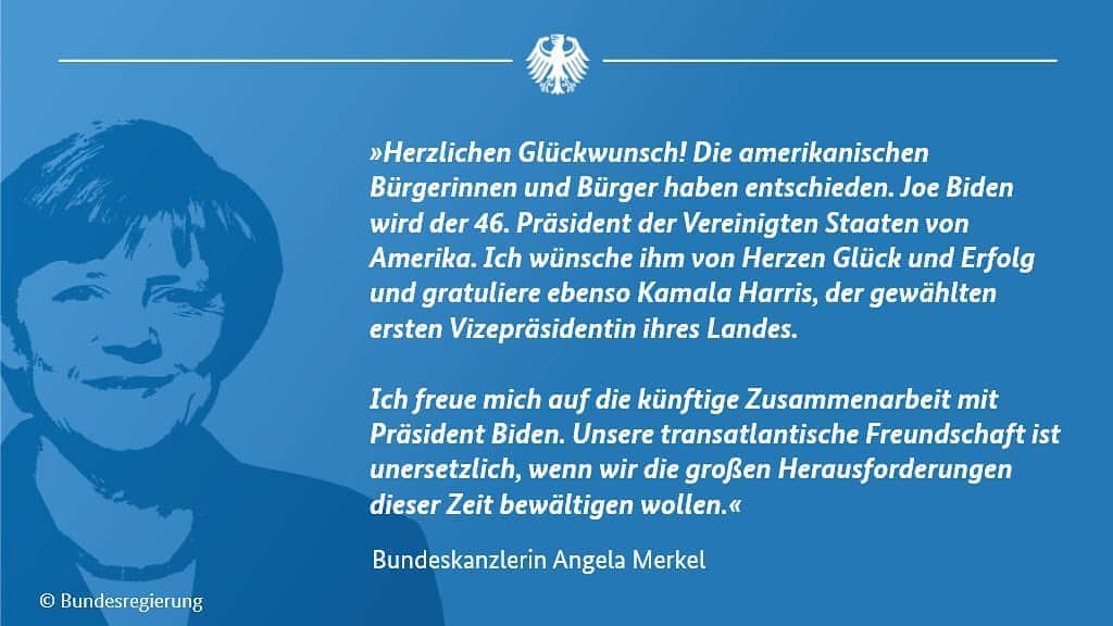 アンゲラ・メルケルさんのインスタグラム写真 - (アンゲラ・メルケルInstagram)「Entscheidung bei der US-Wahl 2020: Kanzlerin Merkel gratuliert @JoeBiden und @KamalaHarris. — US election 2020 - Chancellor Merkel congratulates @joebiden and @kamalaharris:   Congratulations! The American people have made their decision. Joe Biden will be the 46th President of the United States of America. I sincerely wish him the best of luck and every success and I would also like to congratulate Kamala Harris, the first female vice president-elect in the history of your country. I look forward to working with President Biden. Our transatlantic friendship is indispensable if we are to deal with the major challenges of our time. . . . #uselection2020 #uswahl2020 #uswahl #uselection #kanzlerin #merkel #politik #politics」11月8日 3時11分 - bundeskanzlerin