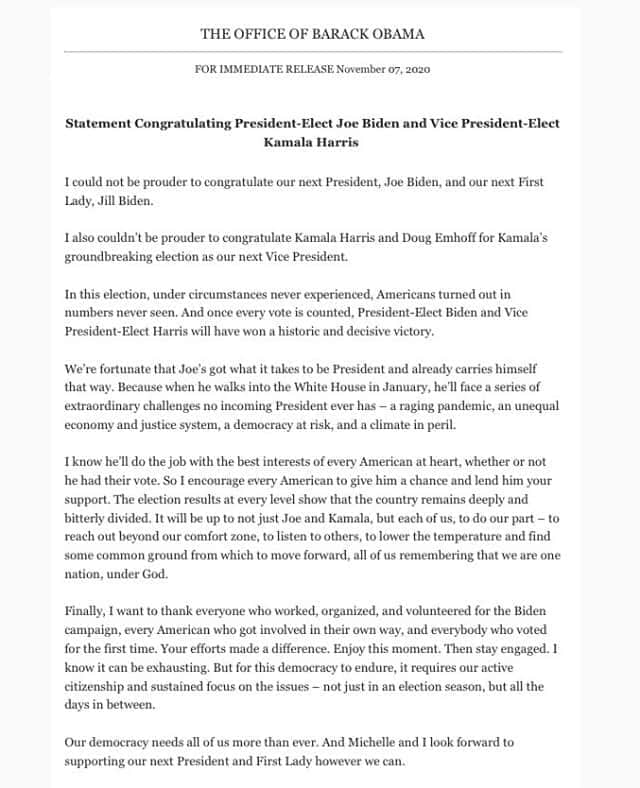 NBC Newsさんのインスタグラム写真 - (NBC NewsInstagram)「Former President Obama releases statement congratulating President-elect Joe Biden and VP-elect Kamala Harris.」11月8日 3時13分 - nbcnews