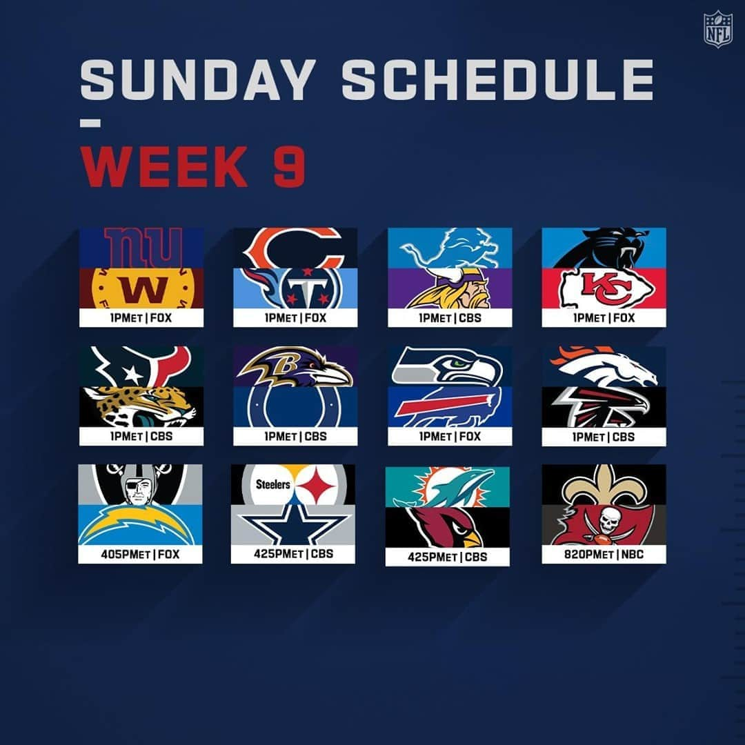 NFLさんのインスタグラム写真 - (NFLInstagram)「Tomorrow's 12 games! 🙌」11月8日 3時14分 - nfl