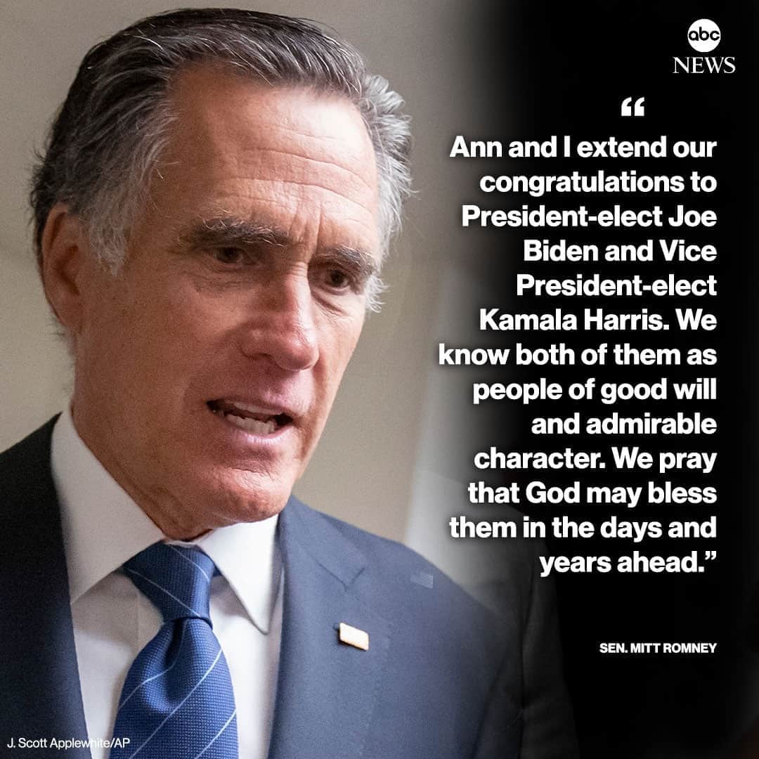 ABC Newsさんのインスタグラム写真 - (ABC NewsInstagram)「NEW: Sen. Mitt Romney congratulates Joe Biden and Kamala Harris: "We know both of them as people of good will and admirable character. We pray that God may bless them in the days and years ahead." #mittromney #joebiden #kalamaharris #donaldtrump #election2020⁠ ⁠ Read the latest reactions at LINK IN BIO.」11月8日 3時47分 - abcnews