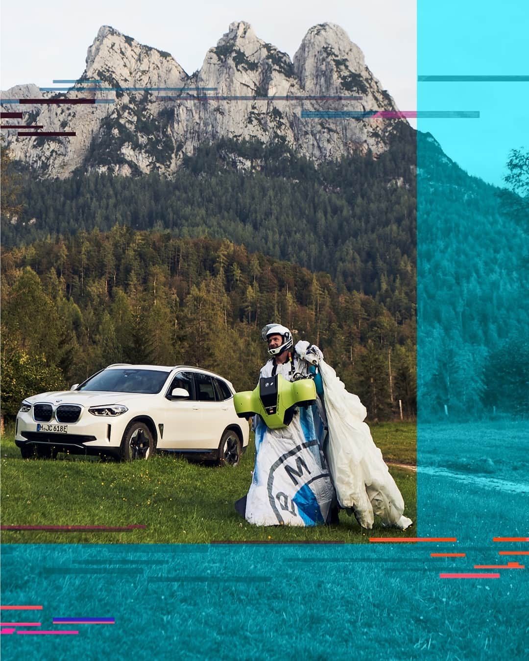 BMWのインスタグラム：「This is how you look after you’ve rewritten history by doing the first-ever #ElectrifiedWingsuit jump and ascended! Great job, @petersalzmann.at and @BMWi! #NEXTGen #THEiX #BMW __ BMW iX3: Energy consumption in kWh/100 km (combined): 17.8–17.5. CO2 emissions in g/km (combined): 0. Further information: www.bmw.com/disclaimer.」