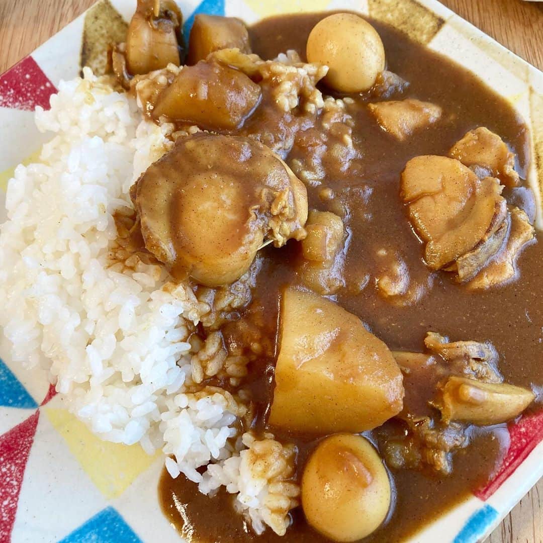 櫛引彩香のインスタグラム：「ホタテをなめるなよ。 #ビキコのごはん  #ホタテカレー  #カレー  #あとからフォーク持ってきた」